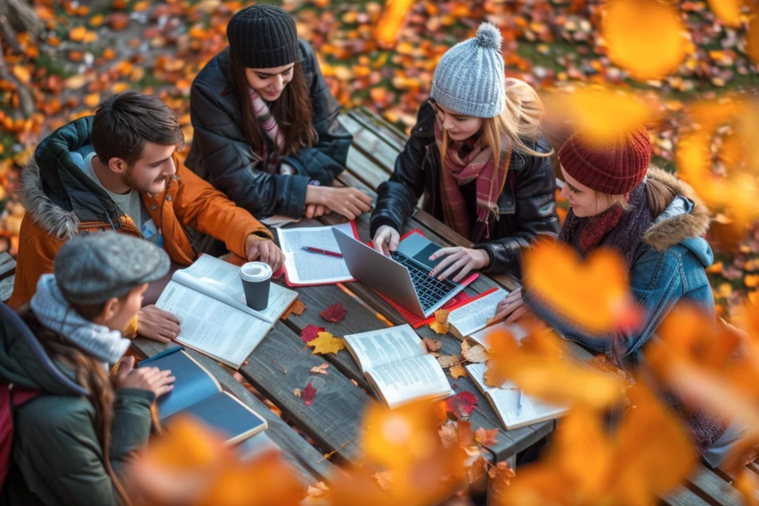 A group of college students with fall foliage