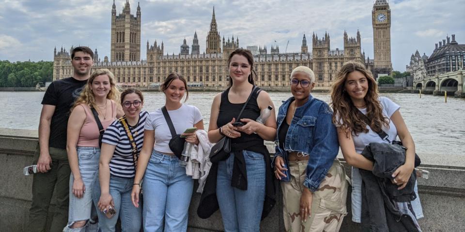 Students go on a walking tour in London, England.